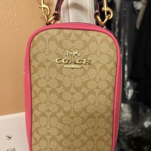 Coach Pink and Tan Mini Bag with Signature Monogram